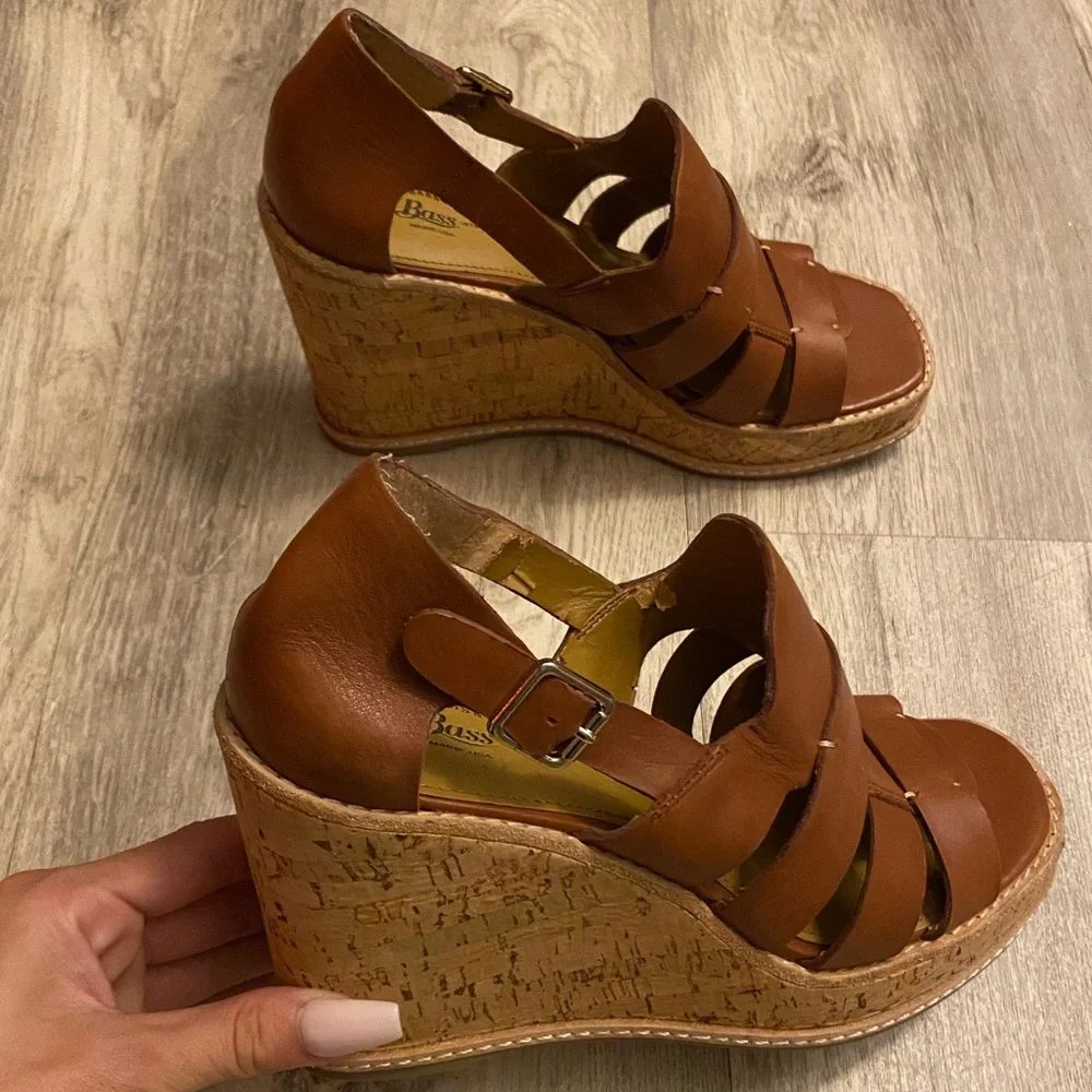 G HBass & Co Wedges Taylor Camel Brown Leather Strappy Platform Cork Heel sz 8M - Picture 13 of 16